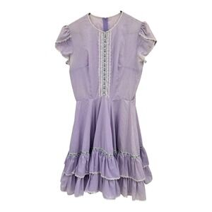 Vintage Prairie Cottage Tiered Mini Dress Small Ruffle Lavender Purple Floral
